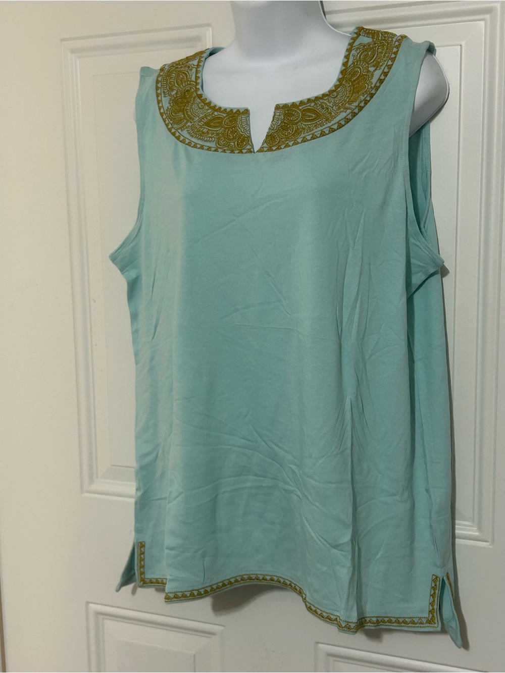J. Jill Mint Green Sleeveless Tank with Gold Embroidered Trim